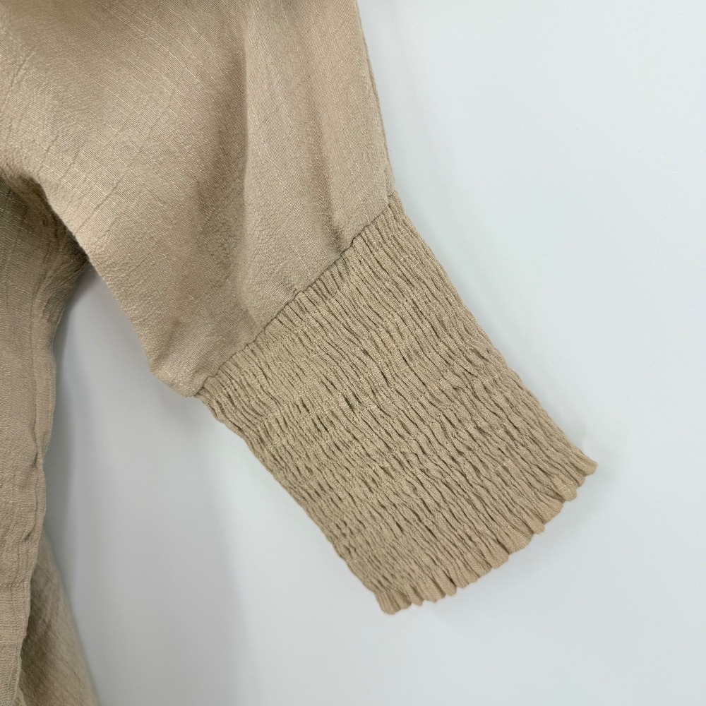 Beige Crinkle Oversized Blouse Smocked Cuff Raw Neck Boho M Lagenlook Minimalist - Picture 6 of 6
